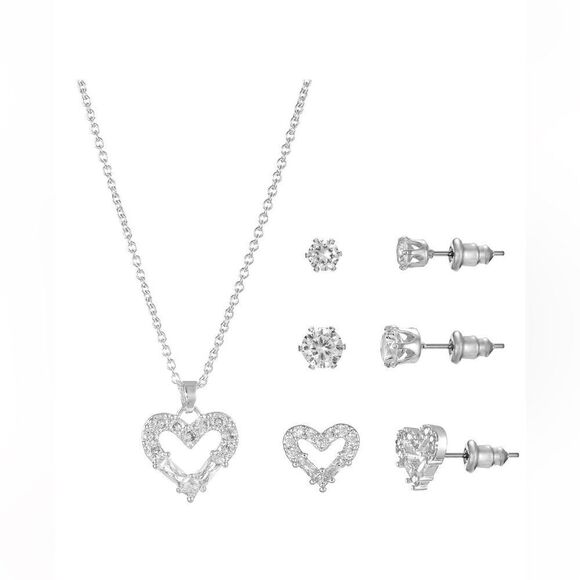 Heart Necklace and Stud Earring Trio Set -CZ Silver Tone NWT - Picture 2 of 2
